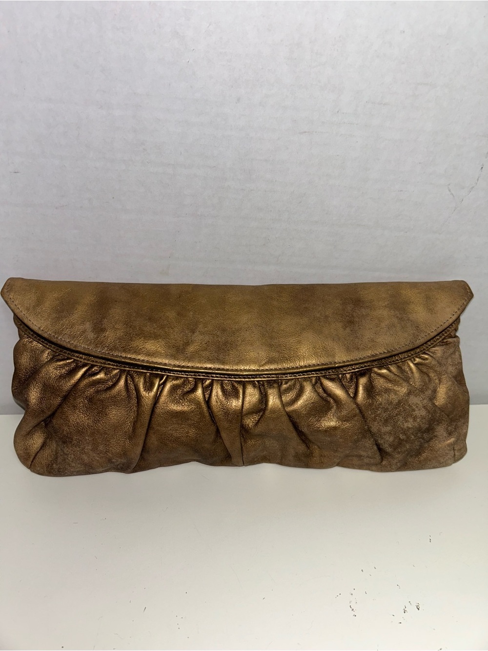 Beth Springer Bronze Copper Metallic Leather Fold Over Clutch Made In USA